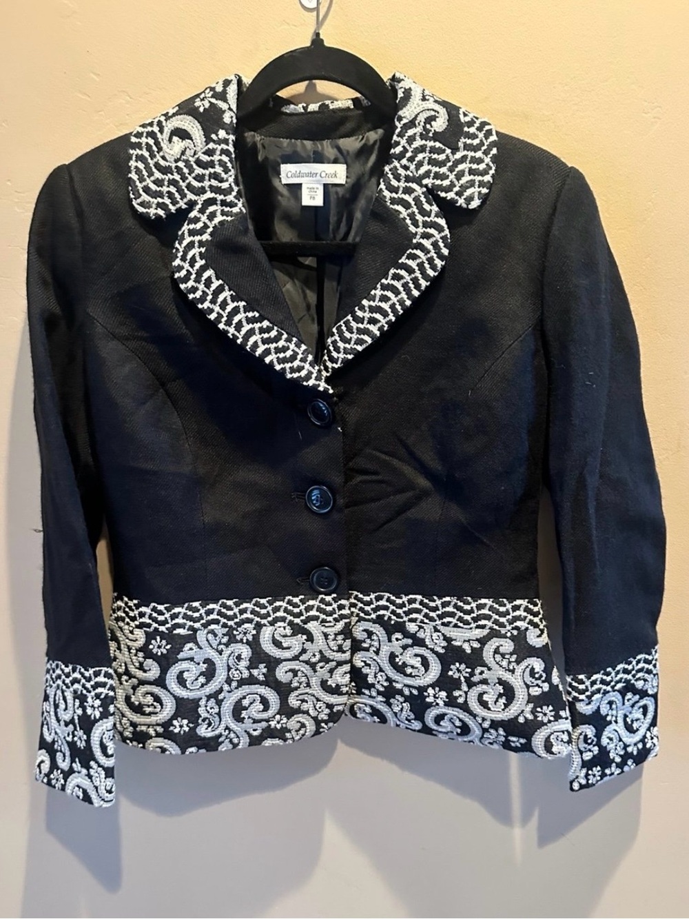 Coldwater Creek Black Jacket with White Embroidered Collar & Hem
